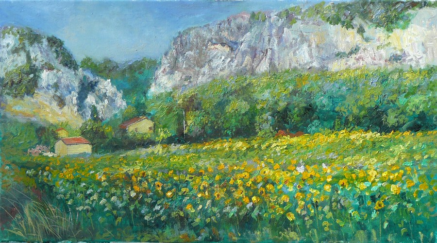 tournesols quinson-tableau paysage-peintre paysagiste-peinture paysages de provence-pascal habecker-peintre impressionniste